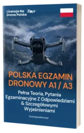 PL_A1A3_ebook_mockups - LicencjaNaDrona.pl – Egzaminy Dronowe ULC A1/A3 & A2 | Pytania i Odpowiedzi Polish book cover about drone license A1/A3; drone in flight over mountains, Polish flag in the corner.
