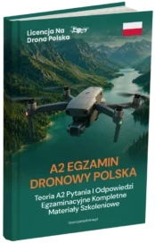 PL_A2_ebook_mockups - LicencjaNaDrona.pl – Egzaminy Dronowe ULC A1/A3 & A2 | Pytania i Odpowiedzi Book cover for 'A2 Egzamin Dronowy Polska' featuring a drone over a lake and mountains with a Polish flag in the corner.
