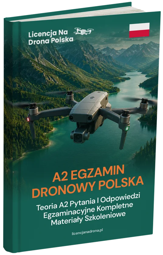 PL_A2_ebook_mockups - LicencjaNaDrona.pl – Egzaminy Dronowe ULC A1/A3 & A2 | Pytania i Odpowiedzi Book cover for 'A2 Egzamin Dronowy Polska' featuring a drone over a lake and mountains with a Polish flag in the corner.