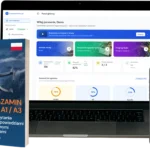 Polish drone exam book titled 'Polska Egzamin Dronowy A1/A3' with a drone image, beside a laptop and a smartphone showing an online learning dashboard.