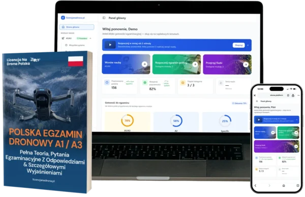 Polish drone exam book titled 'Polska Egzamin Dronowy A1/A3' with a drone image, beside a laptop and a smartphone showing an online learning dashboard.