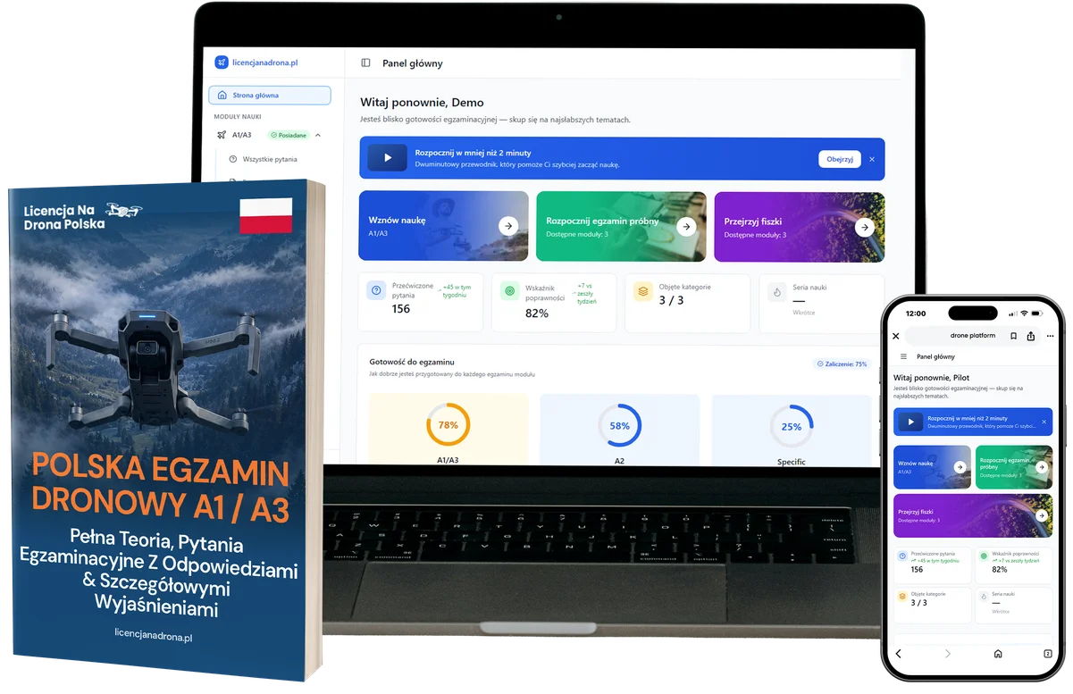 Polish drone exam book titled 'Polska Egzamin Dronowy A1/A3' with a drone image, beside a laptop and a smartphone showing an online learning dashboard.