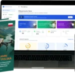 Green drone license book titled 'A2 EGZAMIN DRONOWY POLSKA' beside a laptop showing a learning dashboard and a smartphone with the same app interface (educational drone course).