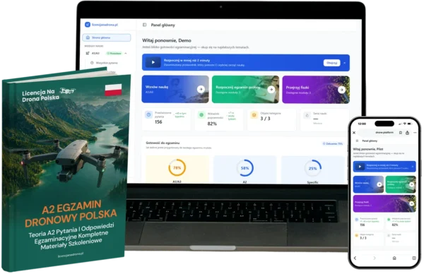 Green drone license book titled 'A2 EGZAMIN DRONOWY POLSKA' beside a laptop showing a learning dashboard and a smartphone with the same app interface (educational drone course).