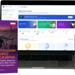 Purple-covered book titled 'Specjalny egzamin na licencję drona' beside a laptop showing a course dashboard and a smartphone with the same app open.