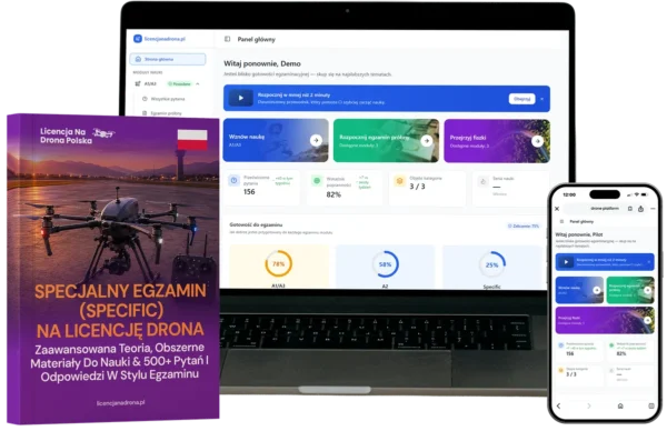 Purple-covered book titled 'Specjalny egzamin na licencję drona' beside a laptop showing a course dashboard and a smartphone with the same app open.