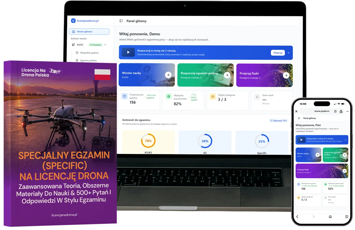 Purple-covered book titled 'Specjalny egzamin na licencję drona' beside a laptop showing a course dashboard and a smartphone with the same app open.